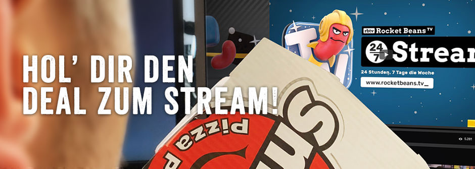 Foto eines Online-Banners mit dem RocketBeans.tv auf die kooperation mit dem Smiley's Pizza Fienst und das daraus resultierende Angebot verweist