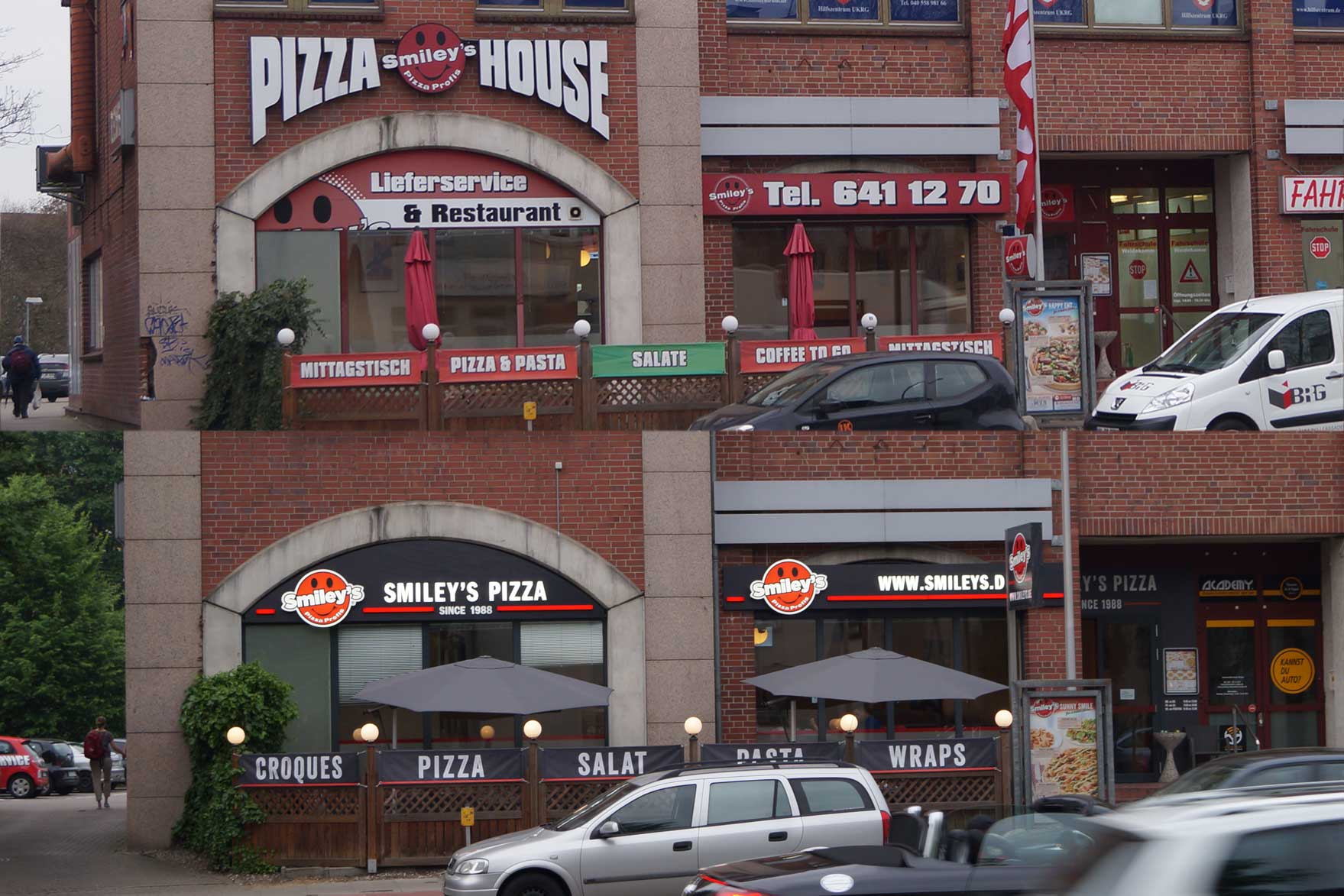 Entwicklung der Smiley's Pizza Ladenbeschilderung oben ales Design und darunter die aktuelle Version mit 3D-Leuchbuchstaben und Schiefertafeln