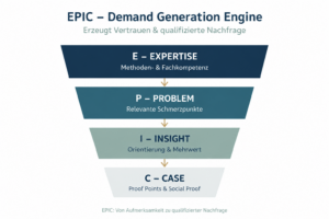 EPIC-Funnel des EPIC-PATH Frameworks: Expertise, Problem, Insight und Case als vier Stufen der Demand Generation